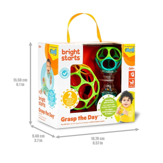 Bright Starts Oball Grasp the Day Toy Gift Set with two easy-grasp infant toys: a green and blue rattle featuring a clear textured handle and colorful beads, and a green Oball Classic ball with finger holes, packaged in a white box with orange accents and a yellow handle, designed to support fine motor skill development and portable play.