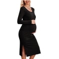 thumbnail image 1 of FAIWAD Maternity Dress Rib Knit Long Sleeve V Neck Side Slit Midi Bodycon Dresses Pregnancy Baby Shower Clothe, 1 of 3