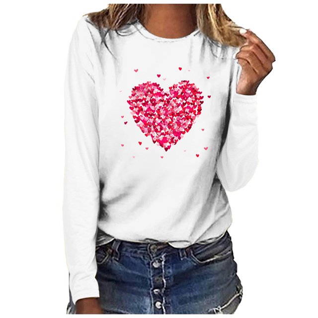 Qertyioot Chandail Cœur d'Amour Saint-Valentin Grande Taille, Haut à Manches Longues Imprimé à Col Rond pour Femmes