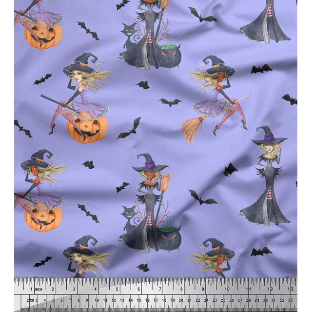 Soimoi Modal Satin Fabric Magic Potion,Bat & Witch Halloween Print Fabric by Yard 42 Inch Wide