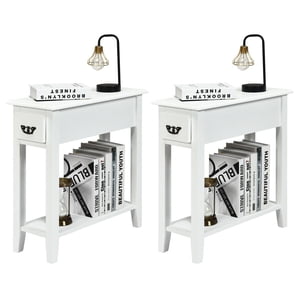 Gymax Set of 2 Nightstand 2 Tier End Bedside Sofa Side Table w/Drawer &Shelf White