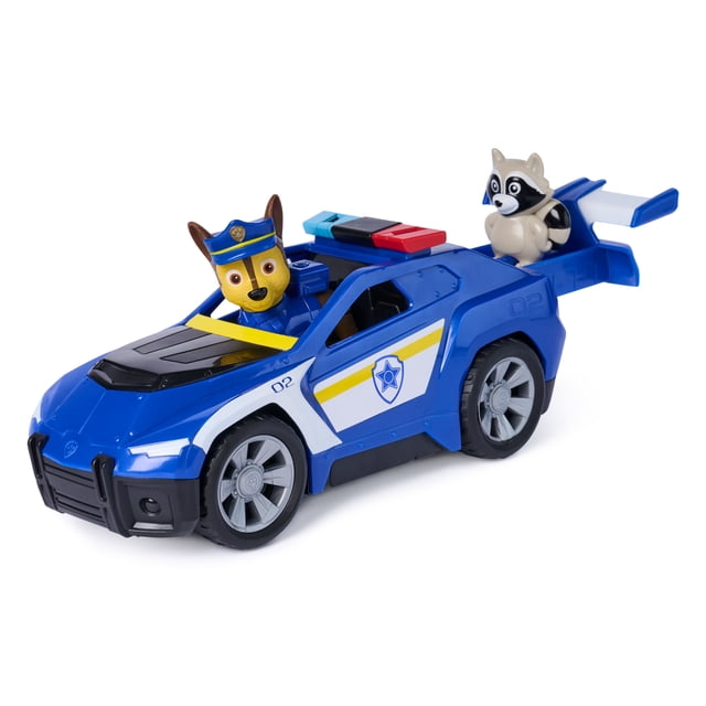 PAW Patrol: Search & Rescue, Chase Rescue Cruiser Vehicle with 2 Figures centered front-facing 6-inch blue police rescue cruiser toy with working wheels and pull-back action, includes two plastic figures: Chase (over 2 inches) in police uniform seated at the driver position and a raccoon figure in the rear, genuine PAW Patrol styling suitable for pretend play and often used as a display piece in themed collections.