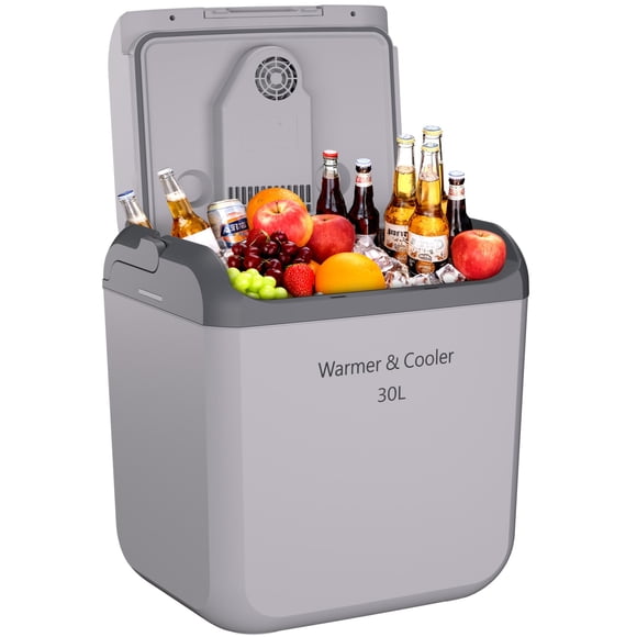 32 Quart Thermoelectric Car Fridge, Portable Cooler and Warmer with 12V/110V Plug, Light Gray Travel Refrigerator for Vehicle and Camping