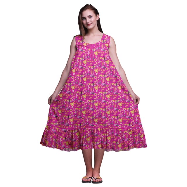 Bimba Nuisettes Mi-Mollet en Coton à Imprimé Floral Rose Fuchsia Libellule Artistique pour Femmes Robe de Nuit Medium