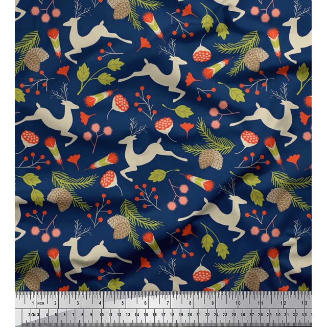 Soimoi Rayon Fabric Leaves & Reindeer Animal Decor Fabric Printed Yard 42 Inch Wide