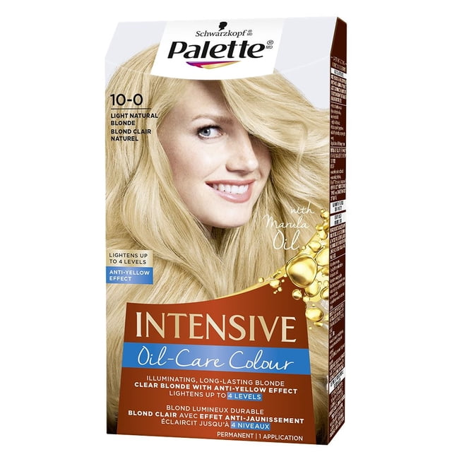 Palette Intensive Oil Care Colour 10-0 Light Natural Blonde hair dye box by Schwarzkopf featuring light natural blonde hair strands, highlighting its anti-yellow effect and ability to lighten hair up to 4 levels with marula oil for long-lasting, illuminating blonde colour.