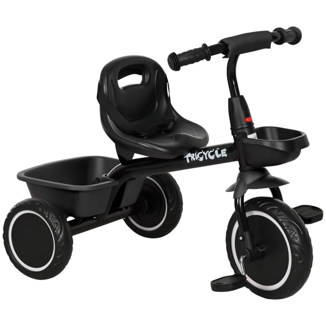 Qaba Tricycle pour 2 à 5 Ans, Vélo pour Tout-Petits avec Siège Ajustable, Noir. Ce Tricycle Présente un Cadre en Acier Robuste, un Siège Confortable et Ajustable avec une Ceinture de Sécurité, et des Roues en EVA Mesurant 10 Pouces à l'Avant et 8,5 Pouces à l'Arrière. Il Comprend un Panier avant et Arrière pour le Rangement, une Poignée Facile à Saisir, et un Garde-Boue. Conçu pour les Enfants de 2 à 5 Ans, Il Supporte jusqu'à 55 Lb (25 kg) et Aide à Développer les Habiletés Motrices et la