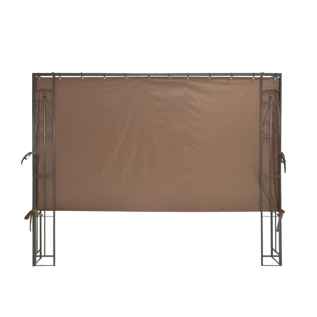 Apex Garden 8 FT. Gazebo Privacy Curtain Side Wall Panel in brown, crafted for one-sided privacy and shade. Made of 100% polyester, UV-protected, water-repellent fabric with CPAI-84 US standard fire-retardant properties. Features metal grommets and clip rings for secure attachment. Dimensions: 96 inches wide by 52 inches high. Fits most 8 ft. x 8 ft. gazebos, including model #YH-20S117HD/71590117 Rococo Gazebo. Ideal for enhancing outdoor privacy and protection from sun and wind. Does not include canopy or metal frame.