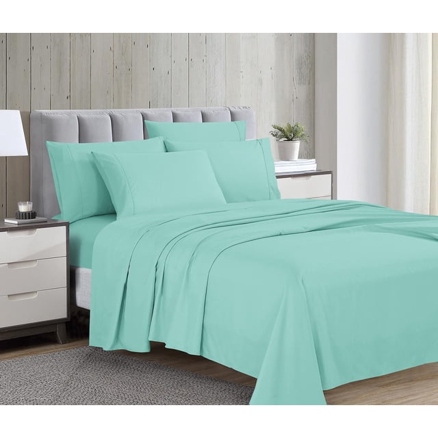 Grey Label 1800 Series Microfiber Sheet Set with Bonus Pillowcases in a light aqua colour on a bed with a grey tufted headboard, including flat sheet, fitted sheet, and pillowcases, in a bedroom with light wood panel walls and bedside tables, featuring easy-care, wrinkle-resistant fabric.