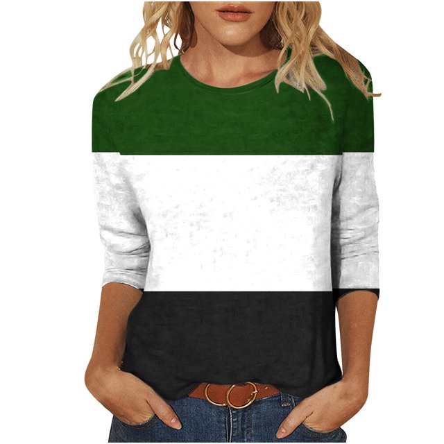 CEHVOM T-shirt Mode Imprimé pour Femmes Manches 3/4 Blouse Col Rond Hauts Décontractés Liquidation