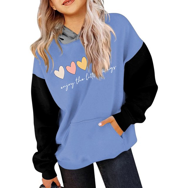 FAOWME Child Long Sleeve Color Matching Printed Letters Hooded Sweatshirts Pullover Tops Blue 3-4 Years