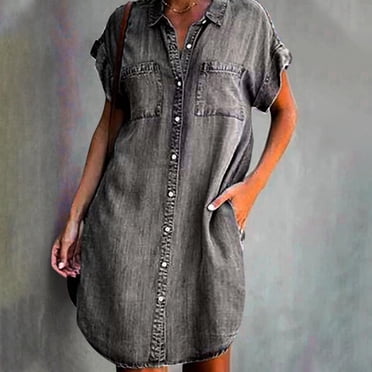 TIMIFIS Robe d'Été pour Femme Mode à Manches Courtes Ajustée Couleur Unie Imitation Denim Robes pour de Nombreuses Occasions pour le Magasinage, le Travail, les Loisirs et le Divertissement