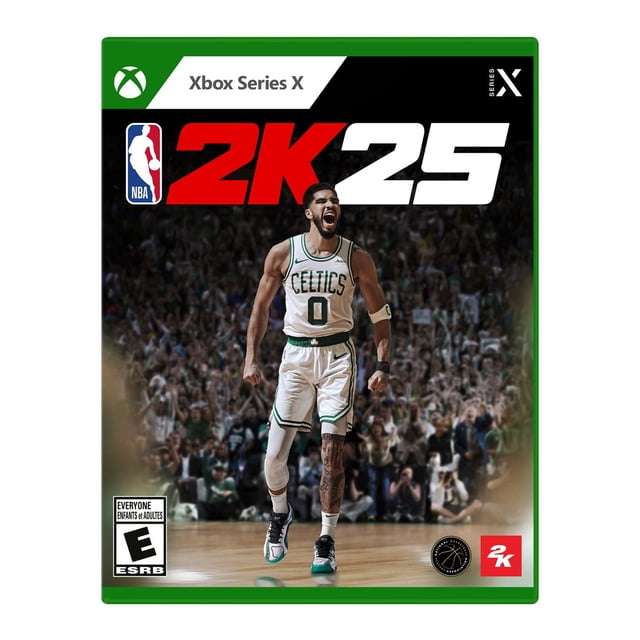 XBSX NBA 2K25 Couverture Montrant un Joueur de basketball en Chandail des Celtics Blanc avec le Numéro 0 sur un Terrain en Bois Franc, avec une Foule en Acclamation en Arrière-Plan et une Image de Marque Xbox Series X, Représentant un Jeu NBA Immersif.