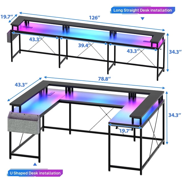 GloryStar U Shaped Home Office Desk, Reversible L Shaped Gaming Computer Desk with Power Outlets,126 Inch Computer Desk with Monitor Stand and LED Lights,Storage Shelves,Storage Bag and Hooks