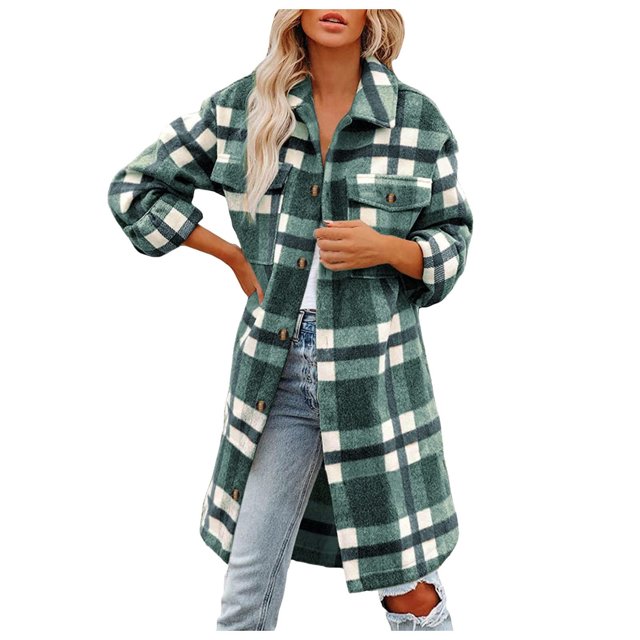 IROINID Surchemise Mi-Longue pour Femmes, Veste à Carreaux à Col Rabattu, Manches Longues, Décontractée avec Boutons, Vert Armée