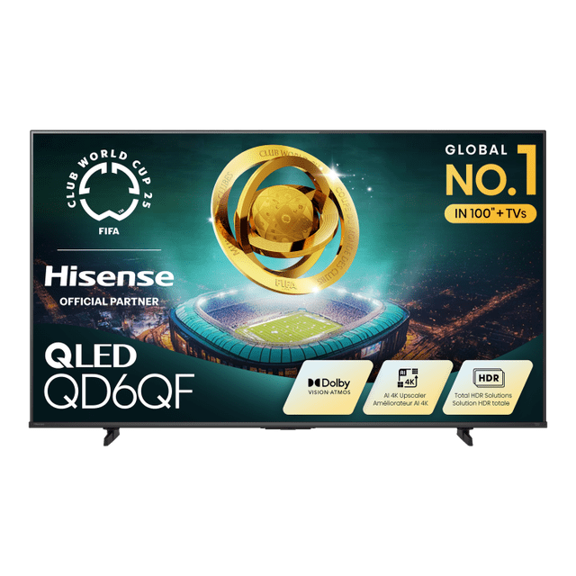 HISENSE 65" Téléviseur QLED 4K UHD 60Hz avec Fire TV intégré, featuring the QD6QF QLED display. The screen showcases vibrant visuals with Dolby Vision Atmos, AI 4K upscaler, and HDR technology. The TV is displayed with a FIFA Club World Cup 25 partnership logo and a stadium backdrop, emphasizing its entertainment capabilities.