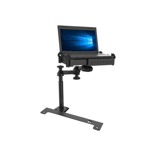 RAM No-Drill Laptop Mount RAM-VB-203-SW1, a specialty automotive replacement part, constructed with high-strength composite and powder-coated steel. Features dual swing arms for 12-inch reach, adjustable rubber ball and socket joints for shock isolation, and a spring-loaded tray for laptops 10 to 16 inches wide. Installs easily using passenger side seat rails.
