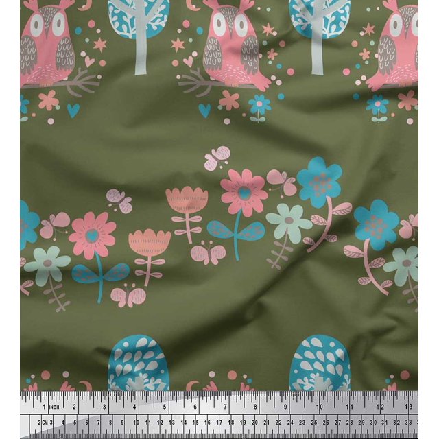 Soimoi Poly Crepe Fabric Floral,Tree & Owl Kids Printed Fabric 1 Yard 42 Inch Wide