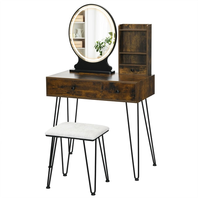 Gymax Ensemble de Coiffeuse Miroir Éclairé Tiroir de Rangement Étagère Coussin Tabouret Brun Rustique