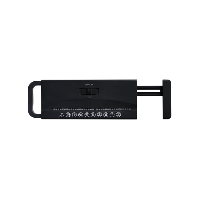 Japceit Portable Automatic High-Power Electric Paper Shredder in black, featuring a compact design with a handle for portability. This multi-functional paper cutter is made of durable ABS material and measures 32.5x10.8x6cm (12.8x4.3x2.4in). It can shred up to 6 sheets of A4 paper simultaneously with a 6mm shredding effect. Designed for office and home use, it includes overheat protection and an adjustable handle to fit various trash cans. Model no.: WS0106.