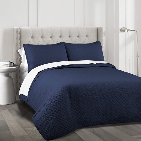 Lush Decor Ava Quilt Diamond Pattern Solid 3 Piece Oversized Bedding Blanket Bedspread Set - Full/Queen - Navy