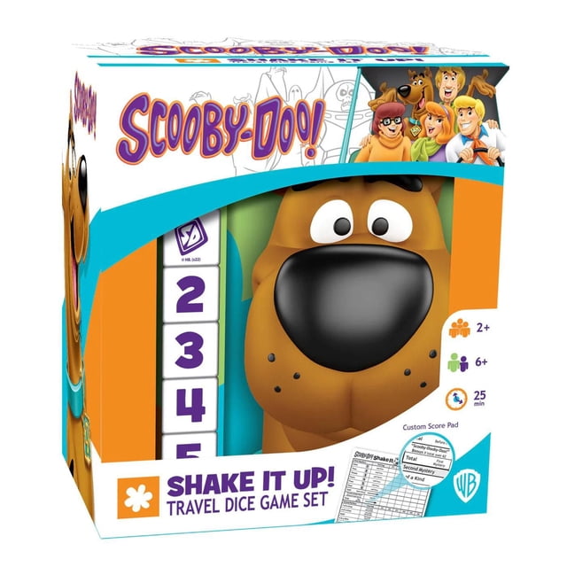 Masterpieces Puzzle Company Scooby-Doo Shake It Up! travel dice game set featuring a large Scooby-Doo face on the box, five Scooby-Doo themed dice numbered 2 to 6 visible through a window, and a custom scorepad included, suitable for 2 or more players ages 6 and up, ideal for family game nights and travel.