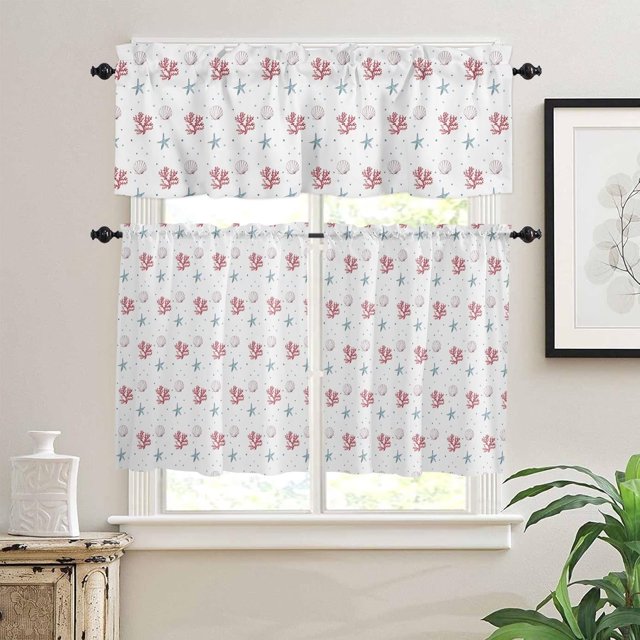 Summer Beach Ocean Starfish Shell Coral Cartoon 3 PCS Kitchen Curtain Valance and Tiers Set, Rod Pocket Small Half Tier Valances Window Curtains Panel, 55"x24" (Set of 2 Tiers & Valance)