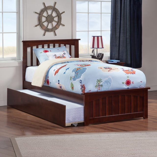 Mission Twin XL Platform Bed with Matching Footboard & Twin XL Trundle in Walnut