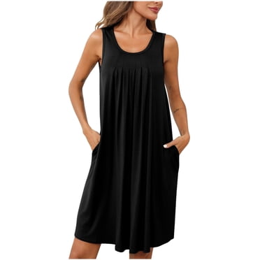 Pisexur Robe d'Été pour Femmes 2024 Mode Plissée Robe de Plage Décontractée Sans Manches Couleur Unie Débardeur Ample Robe Soleil avec Poche