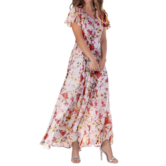 WTXUE Robes d'Été pour Femmes 2024, Robe d'Été Décontractée à la Mode pour Femmes à Fleurs, Col en V, Manches Courtes, Longue, Col en V, Manches Courtes, Patte, Robe de Loisirs, Rose Vif