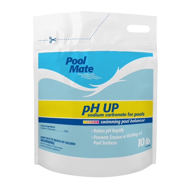 Pool Mate 1-2210B pH Up pour Piscines, 10 Livres. un Sac de 10 Livres de carbonate de sodium Conçu pour Rehausser les Niveaux de pH dans les Piscines. l'Emballage Présente un Motif Bleu et Blanc avec accents Jaunes, une Poignée pour un Transport Facile, et un Étiquetage Clair Indiquant Son Utilisation comme Équilibrage de Piscine. Convient pour Prévenir l'Érosion Ou la Gravure des surfaces de Piscine.