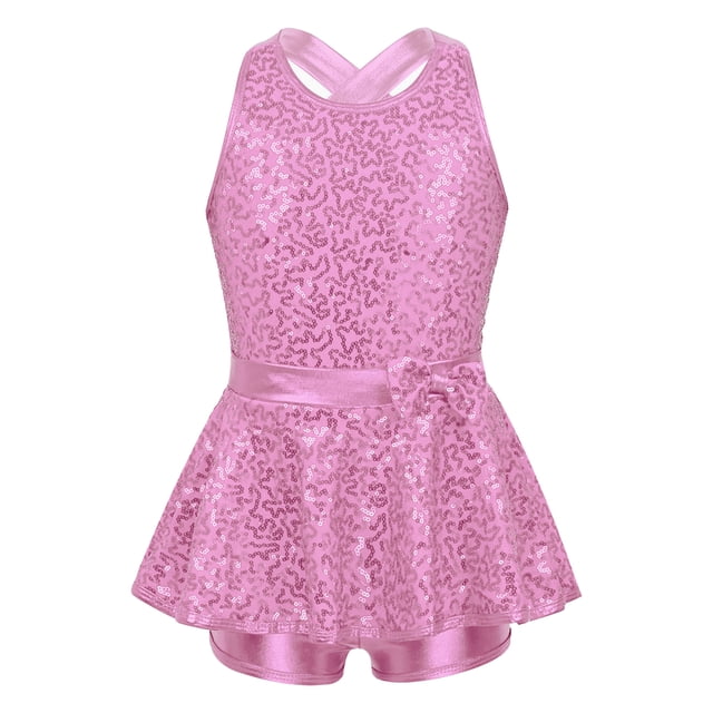 Hansber Robe de Danse Jazz Latine pour Filles, Sequins, Dos Ouvert, Justaucorps de Ballet, Performance de Scène, Rose 8