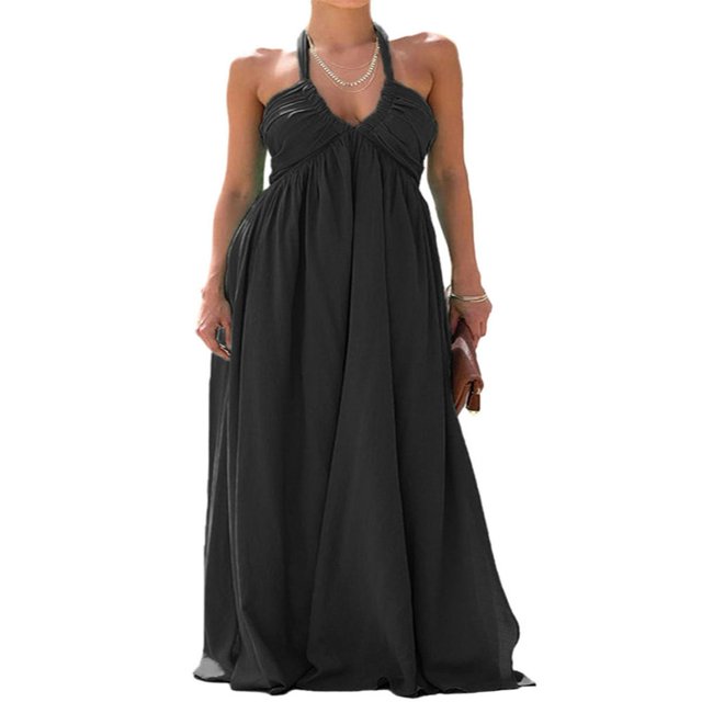 Ladies‘ Tie-Up Halter Neck Dress in Solid Color for Summer Casual Wear