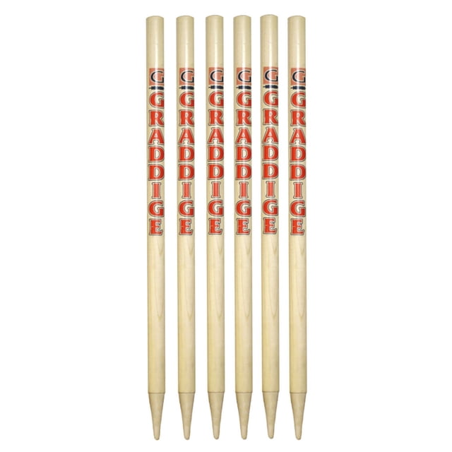 Graddige Softball Stumps set of six 28-inch tall wooden cricket stumps with natural wood finish and red Graddige branding printed vertically, designed for cricket team sports and not for use with leather cricket balls.