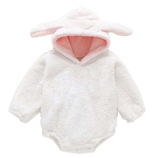 WEIYLL Girls Bodysuits Autumn Winter Long Sleeve Rabbit Ears Hooded Solid Color White Toddler Overalls for 3-6 Months