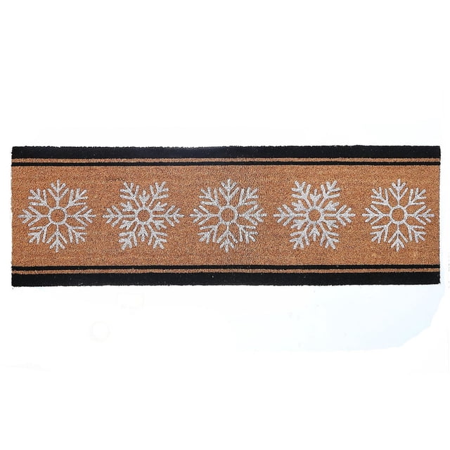 Tapis de Porte en Fibre de Coco de Noël Flocons de Neige 16 X 48 avec une surface en Fibre de Coco Naturelle Présentant Cinq Motifs de Flocons de Neige Blancs en Ligne, Bordé de Rayures Noires sur les Bords Supérieur et Inférieur, Idéal pour la Décoration Extérieure des Fêtes et l'Accueil des Invités.
