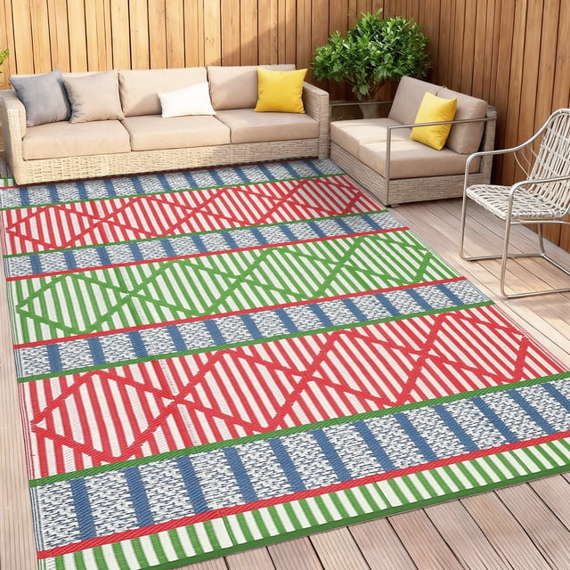 HOMERRY Tapis d'Extérieur en Paille Plastique 9 Pieds x 12 Pieds Rouge Vert Géométrique Boho Tapis pour Balcon Piscine VR Imperméable Réversible