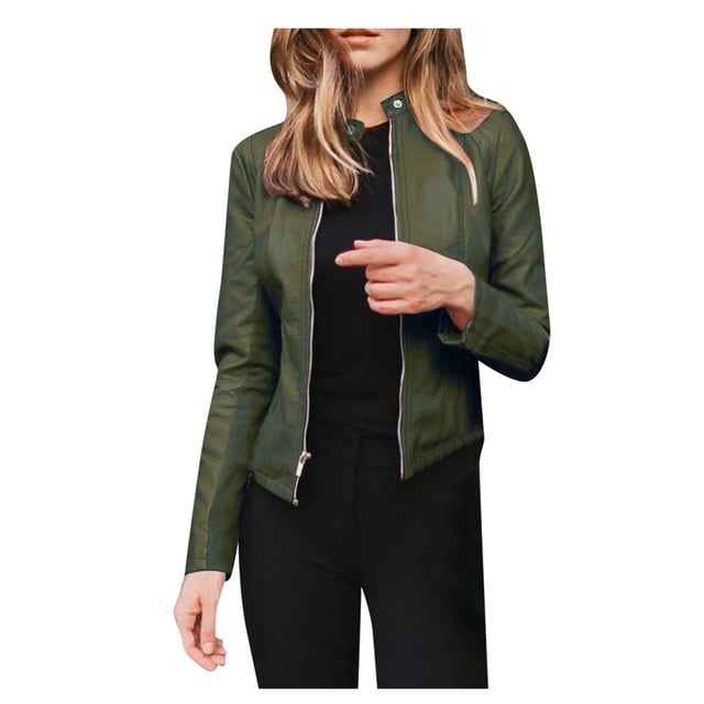 Veste de Moto Punk pour Femmes, Manteau Court à Col Rabattu avec Fermeture Éclair