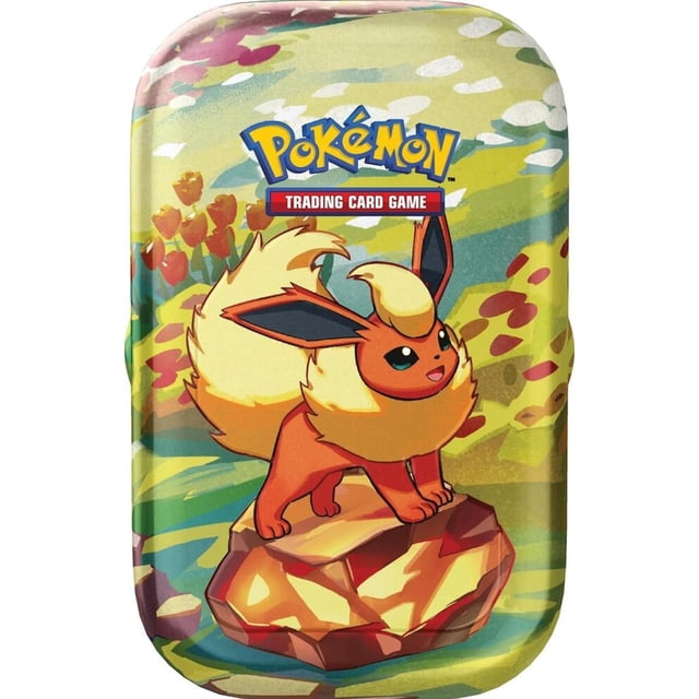 Pokemon TCG: Scarlet & Violet Prismatic Evolutions Mini Tin - Flareon featuring vibrant artwork of Flareon standing on a glowing gem against a colorful nature-inspired background. The compact tin includes 2 Scarlet & Violet booster packs, an Eevee coin, and a collectible art card that connects with the rest of the set.