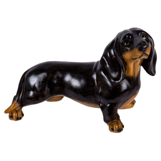 Truu Design Decorative Polyresin Daschund Figurine showing a side profile of a black and tan dachshund with a shiny polyresin finish and detailed features, ideal as a decorative object or home accent for shelves, tabletops, or counters.