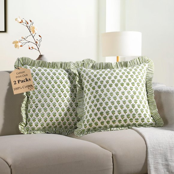 CPC Emerald Green Ruffle Throw Pillow Covers for Couch, 24x24 Inch Cotton Stripe Ruffle Couch Pillows for Living Room, Hidden 20