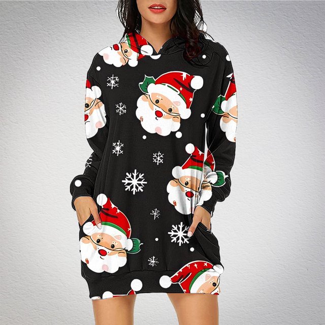 TIMIFIS Robe Chandail à Capuche Imprimé de Noël Laid pour Femmes Robe Midi Ample à Manches Longues avec Poche Cadeaux de Noël pour Femmes