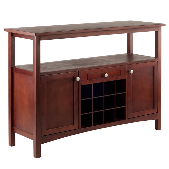 Colby Buffet Cabinet in walnut finish featuring two cabinets with removable shelves, a central drawer, and a 12-bottle wine grid below a broad open shelf, made of solid and composite wood, suitable for storing wine, stemware, and serveware in living or dining rooms.