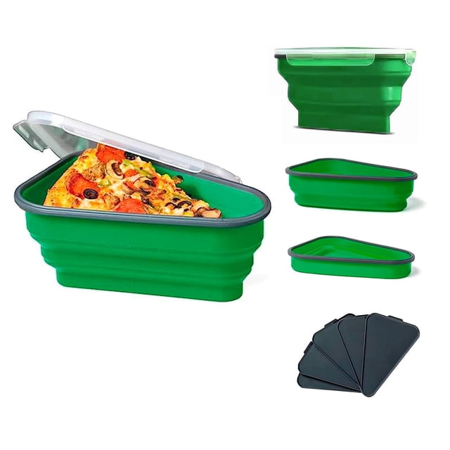 Contenant de Rangement pour pizza Réutilisable et Extensible en silicone Vert de Qualité Alimentaire avec Couvercle transparent, Présenté dans Diverses configurations, Y Compris un Plateau Séparateur Triangulaire Noir pour Micro-Ondes pour Séparer et Réchauffer les Tranches de pizza. le Contenant Présente une Conception Étanche avec Quatre Boutons-Pression d'Étanchéité et un Couvercle Ventilé pour Réduire la condensation. Convient à l'Entreposage des Tranches de pizza Restantes, Il Est Sans BPA, Compatible Micro-Ondes, Compatible Lave-Vaisselle et Compatible Congélateur.