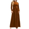 thumbnail image 1 of Robe Maxi de Soirée en Velours pour Femme Couleur Unie Col Rond Printemps Élégante Décontractée Plissée Taille Haute Bandage Tendance Liquidation Manches Longues Brun P, 1 of 7