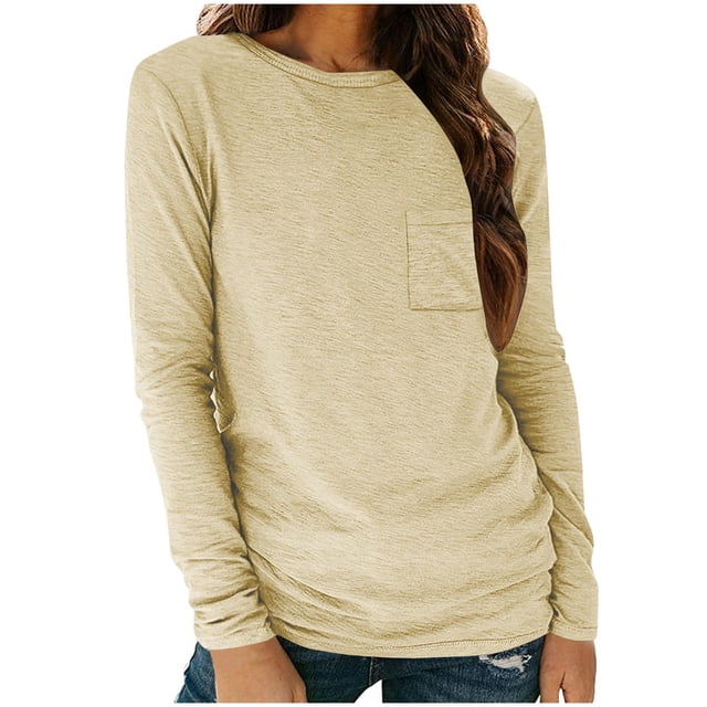 Timegard Long Sleeve Tops for Women Round Neck Causal Tunic T Shirts Comfy Solid Color Basic Tops