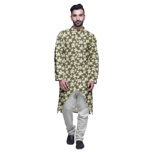 Atasi Printed Long Sleeve Kurta For Men Button Down Cotton Slub Ethnic Shirt