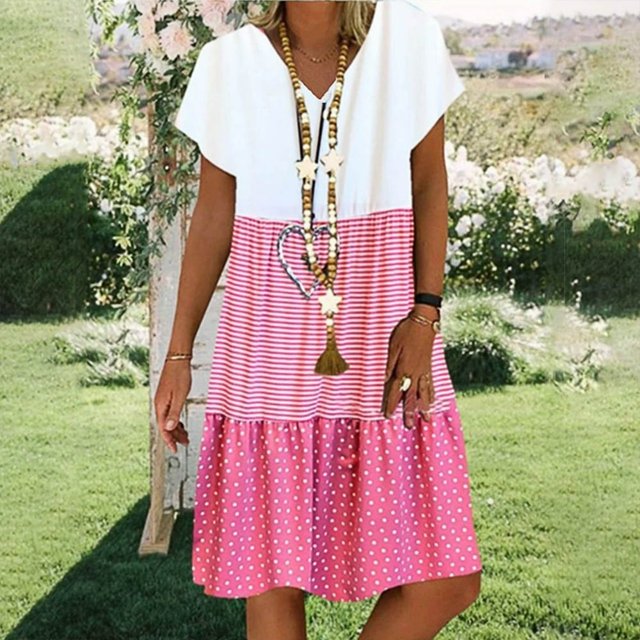 CHUANK Robes en Lin pour Femmes Été Grande Taille Manches Courtes Col en V Longueur Genou Robe Ample Décontractée Confortable Robe de Plage Soldes de Liquidation 2024