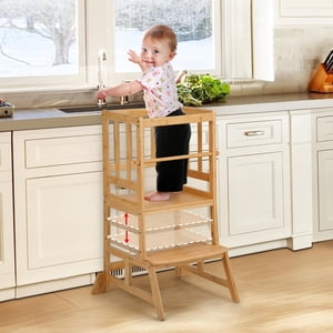 COSYLAND Tour debout pour tout-petits - Aide-tool de cuisine pour tout-petits réglable en hauteur - Tabouret de cuisine pour enfants pour apprendre avec des rails de sécurité amovibles Natural