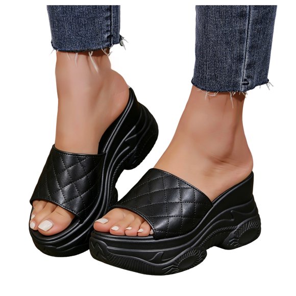 Sandales à Plateforme Matelassées pour Femmes, Bout Ouvert, à Enfiler, Sandales Compensées Légères à Semelle Épaisse, Chaussures d'Été de Plage, Noir, Taille 8